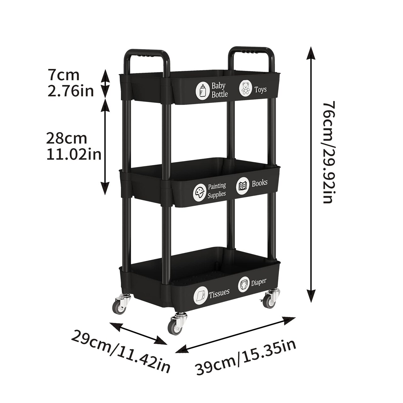 3-Tier Kitchen Storage Cart,Multifunction Utility Rolling Storage Organizer,Mobile Shelving Unit Cart with Lockable Wheels for Bathroom,Laundry,Living Room,With Classified Stickers,Black